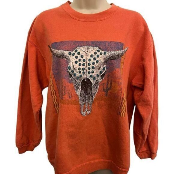 Vintage Top Threads Southwestern Skull Orange Crewneck. Size Medium - Picture 1 of 8